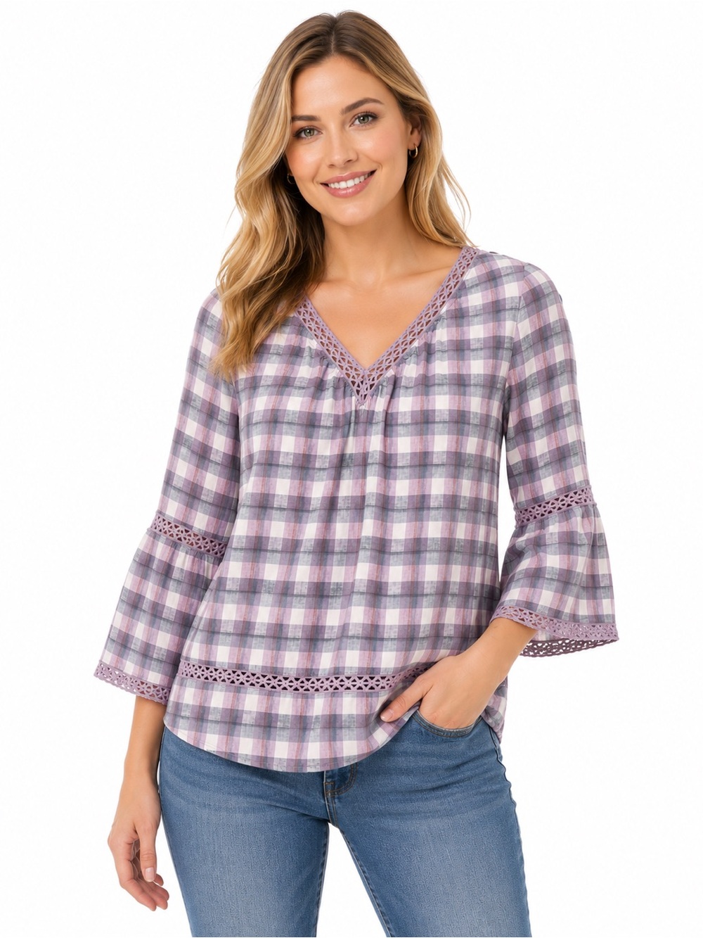 Lavender Plaid Crochet-Trim V-Neck Top - 0858